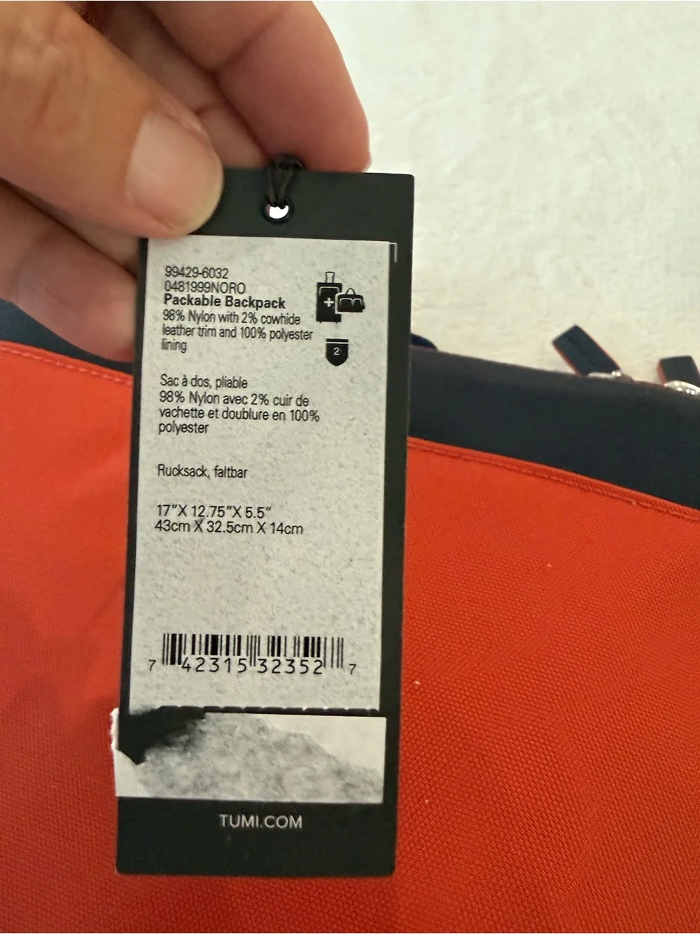 Tumi Foldable Backpack Orange Black NEW